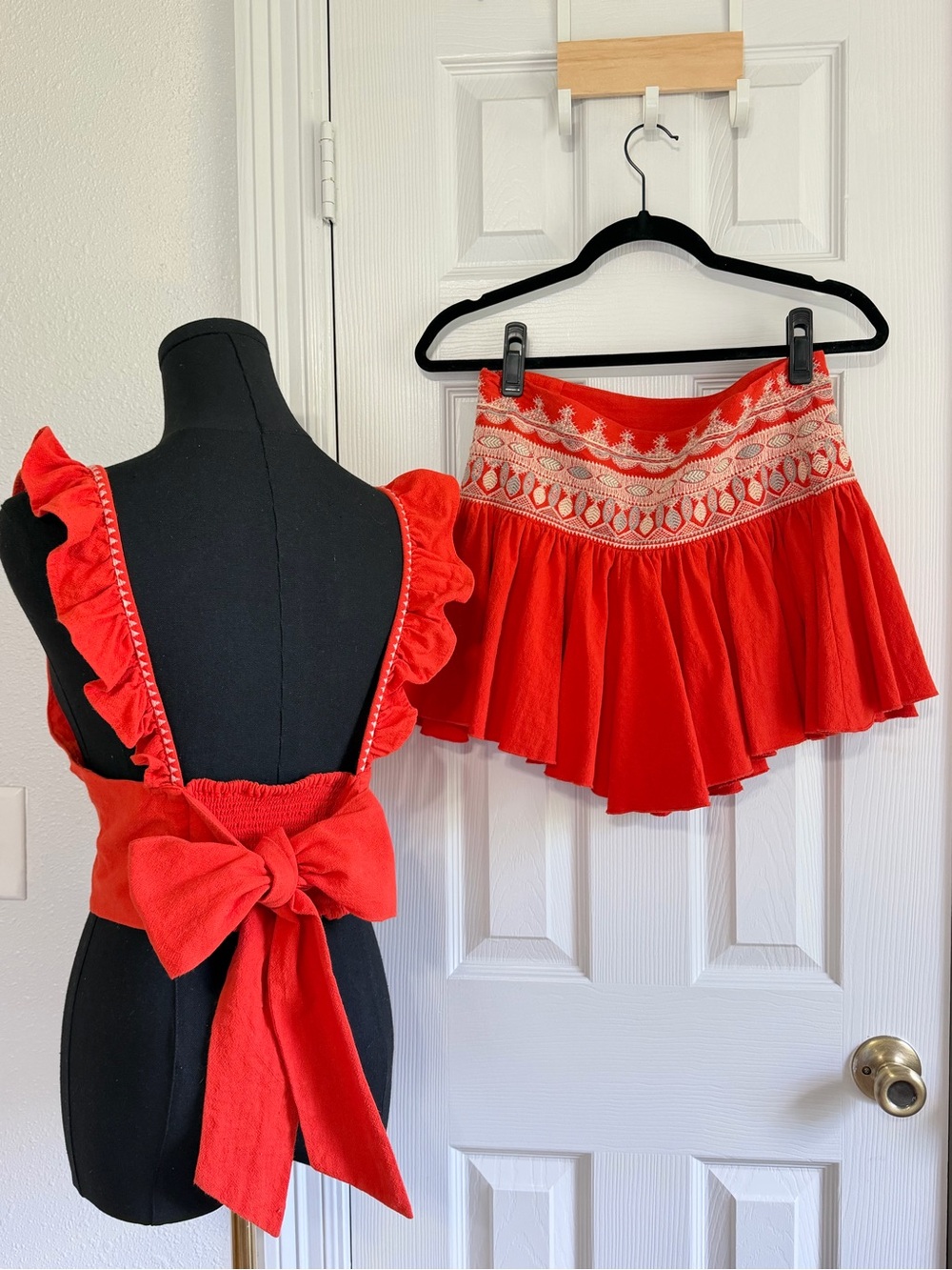 Free People Red Embroidered Two Piece Set Crop Top & skort 8 boho festival